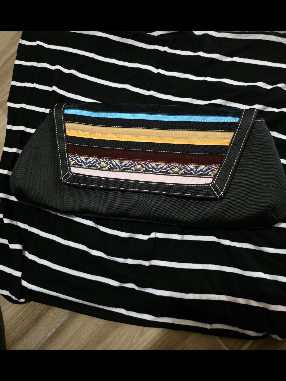Black Multicolor Striped Clutch Bag